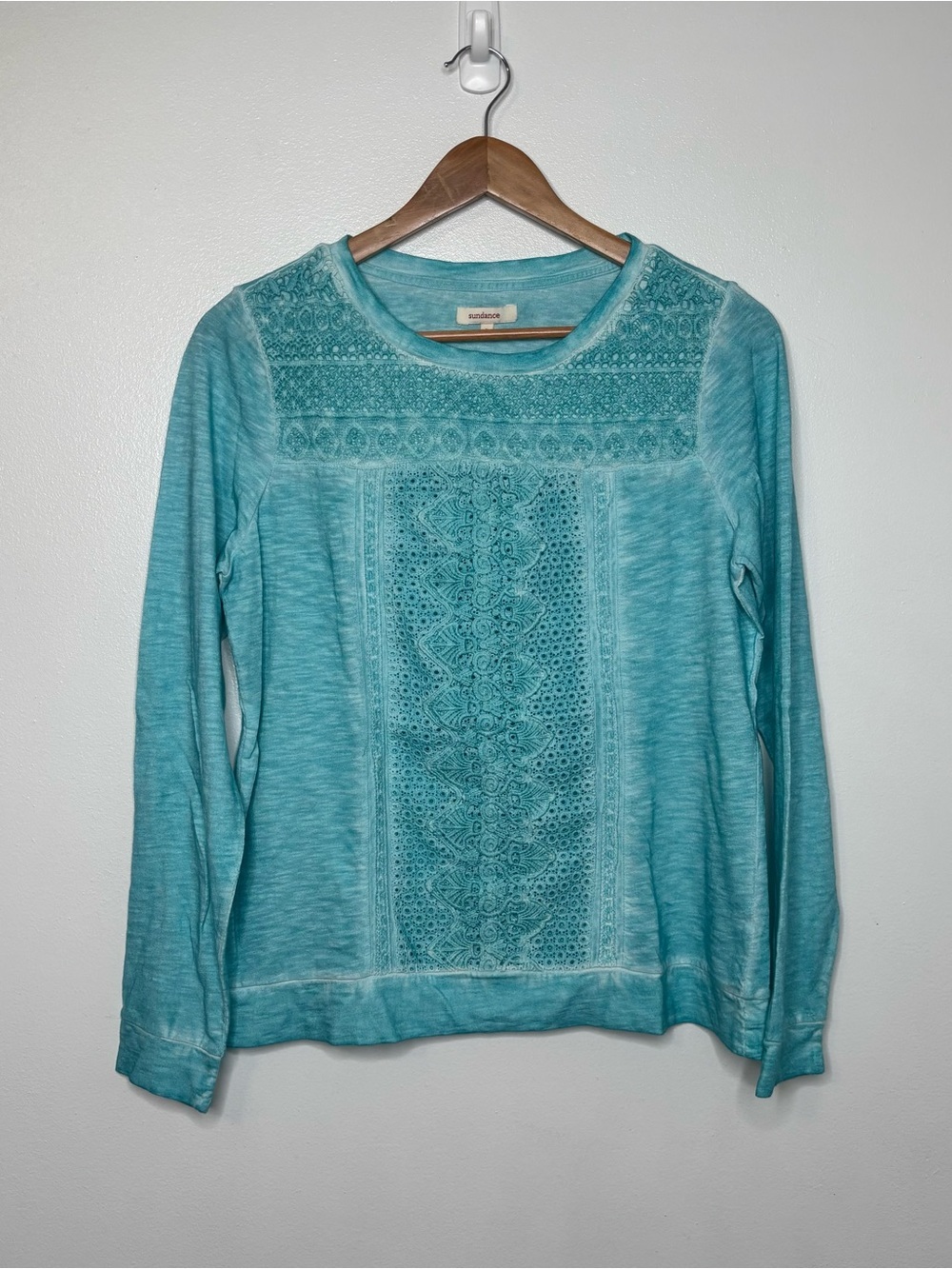 Sundance Turquoise Blue Coastal Beachy Boho Long Sleeve Top, Size small